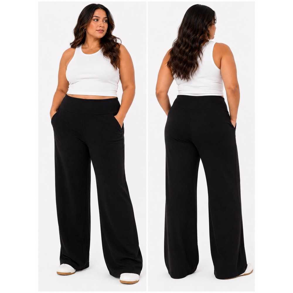 Anne Klein Wide Leg Pants Womens XL Black High Rise Stretch Trousers Minimalist